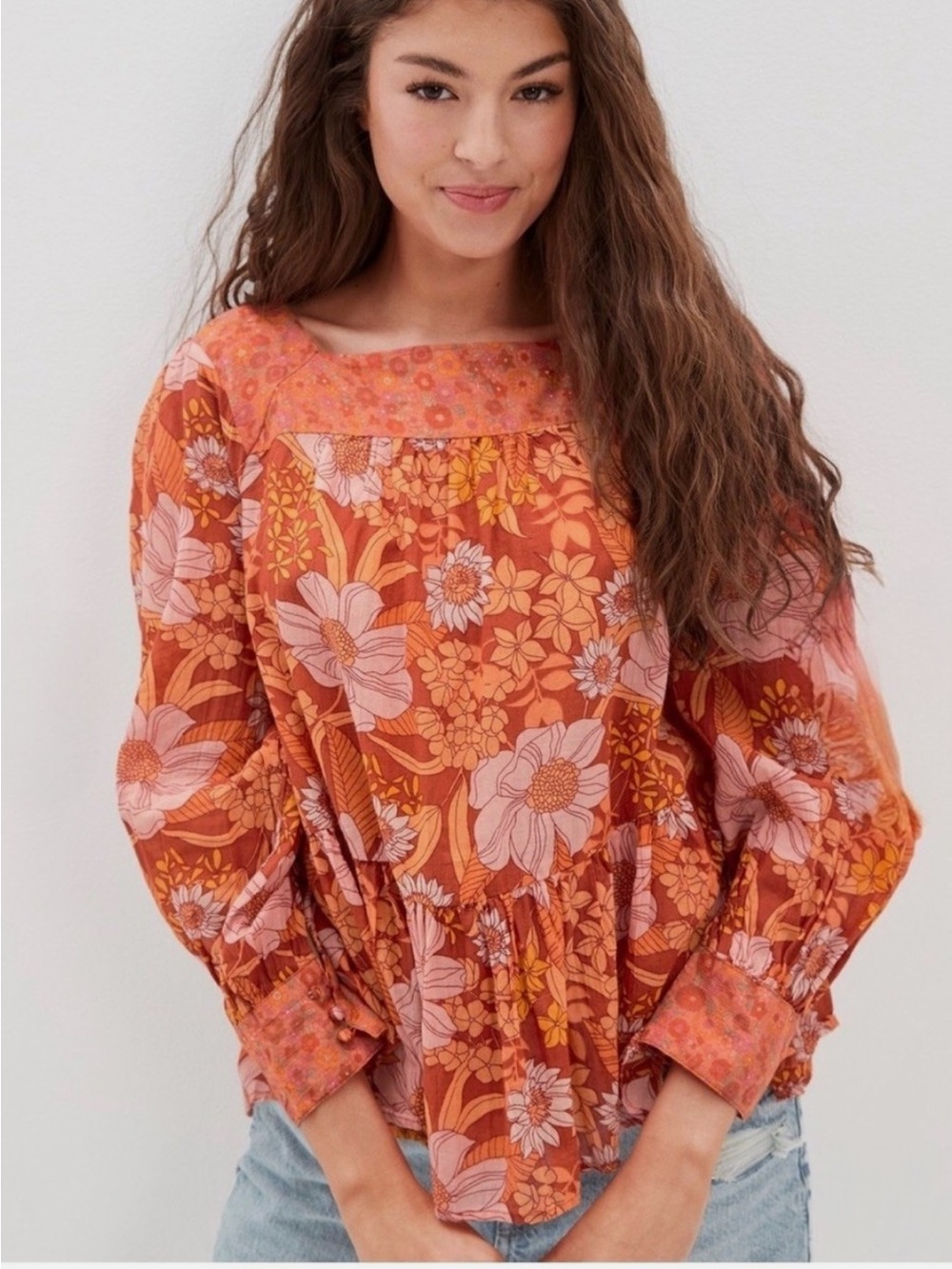 American Eagle Outfitters Floral Puff-Sleeve Blouse in Rust and Pink